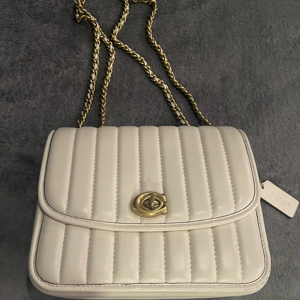 Coach Ivory Quilted Shoulder Bag with Gold Chain